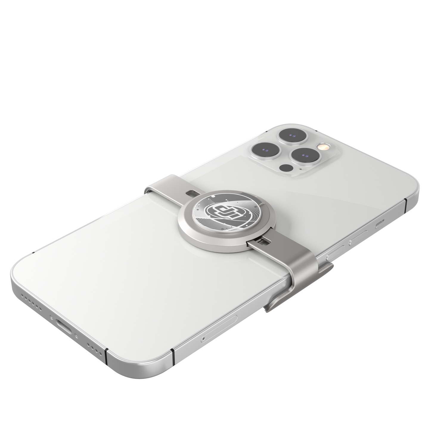 Una funda transparente para teléfono con un círculo blanco y un logotipo de Apple en la parte trasera.