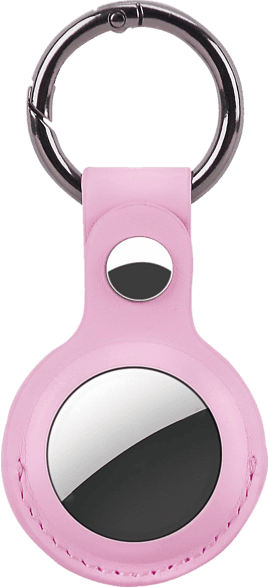 Roze AirTag houder met een zilveren sleutelhanger. De AirTag is zwart en glanzend.