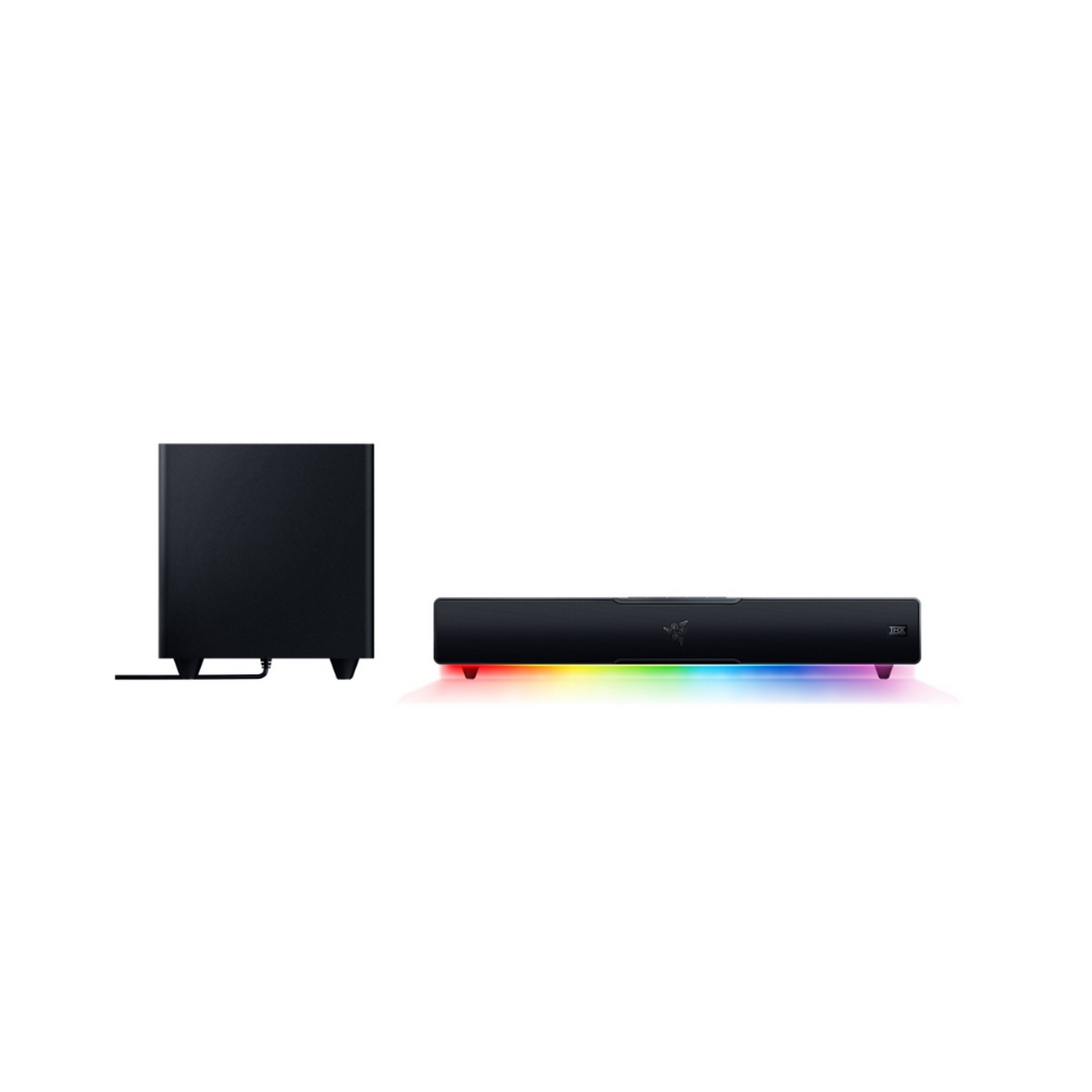 Barra de sonido y subwoofer negros con luces de colores.