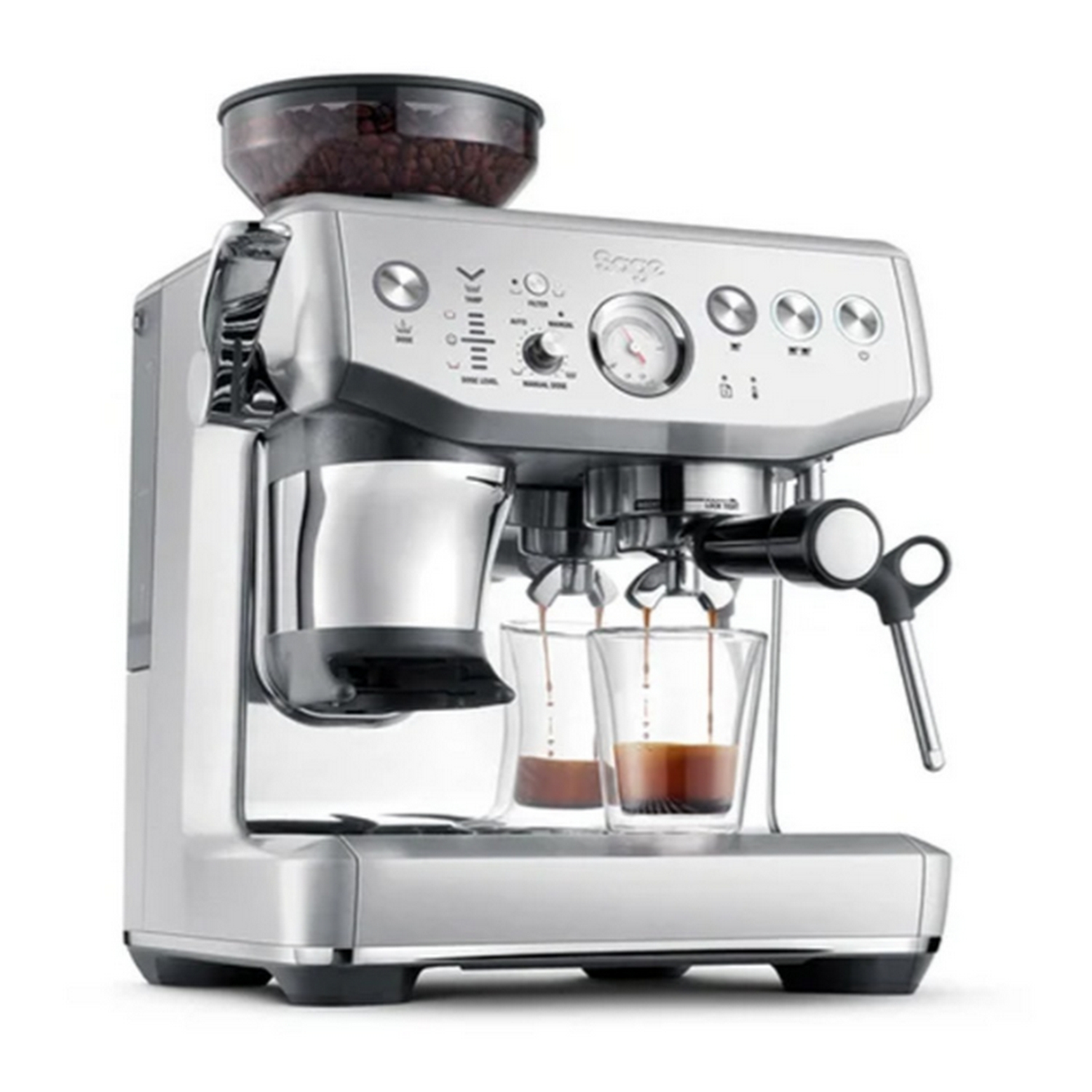 Máquina de espresso plateada con dos tazas de café vertiéndose.