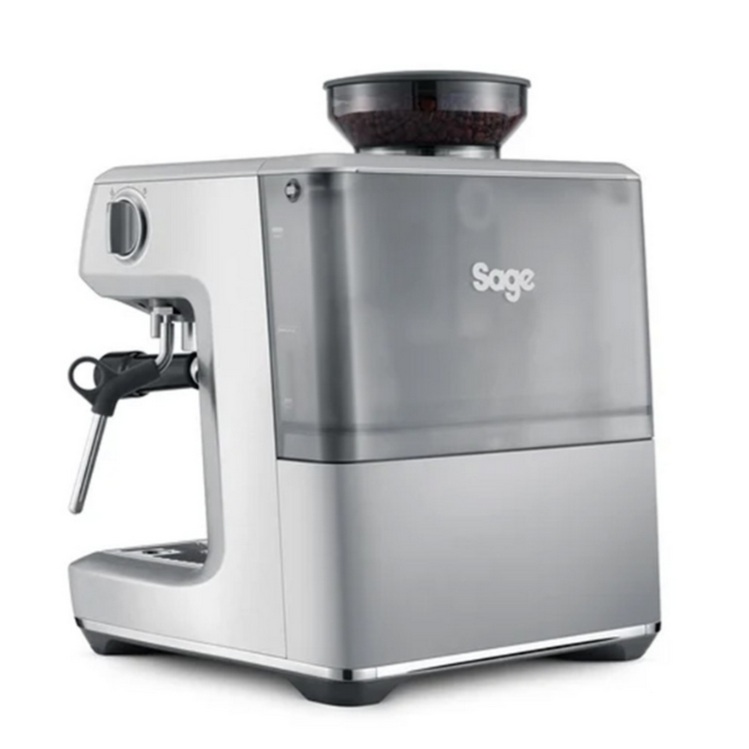 Máquina de espresso Sage plateada. Tolva de granos negra. Depósito de agua transparente.