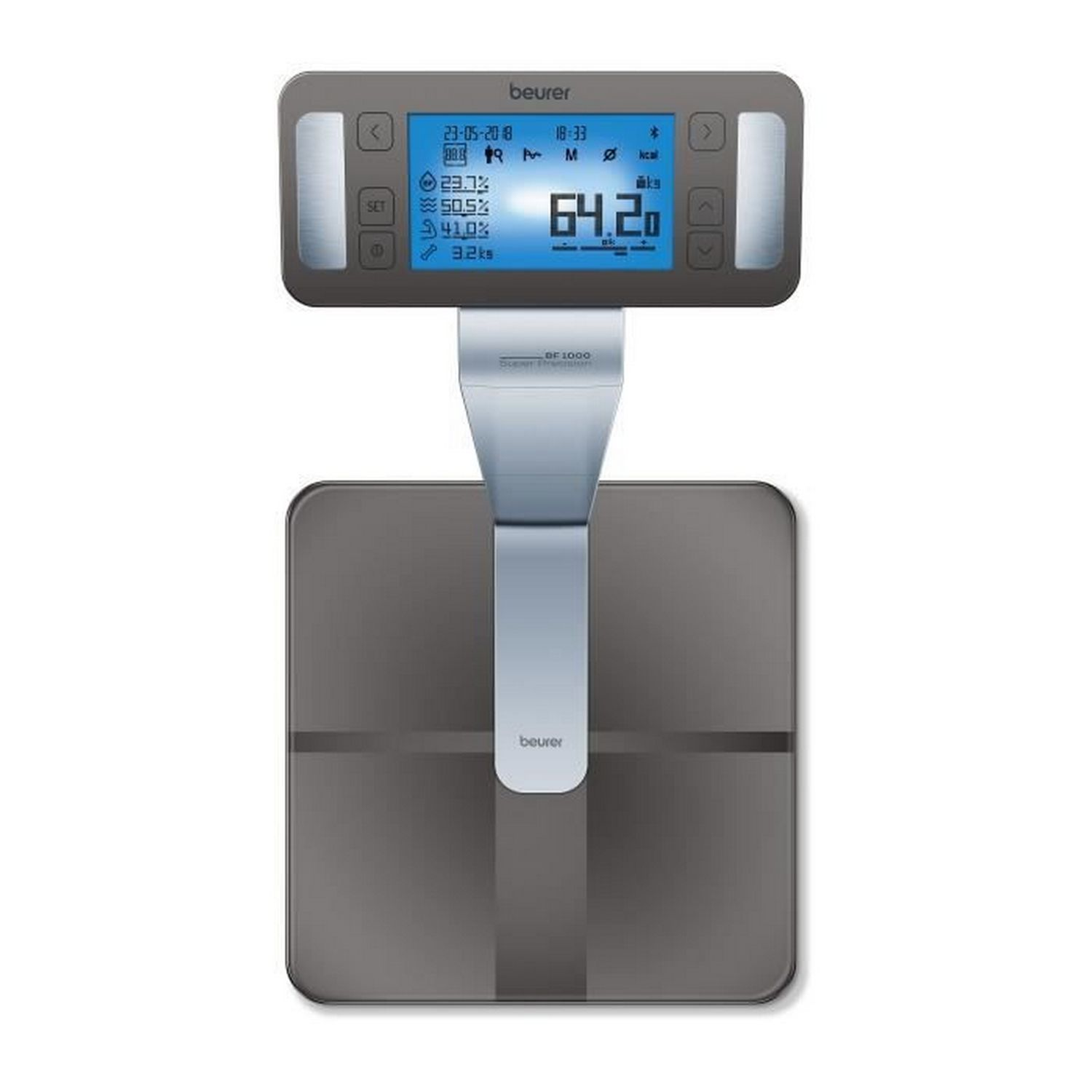Báscula de baño digital con pantalla que muestra peso, grasa corporal y otros datos.