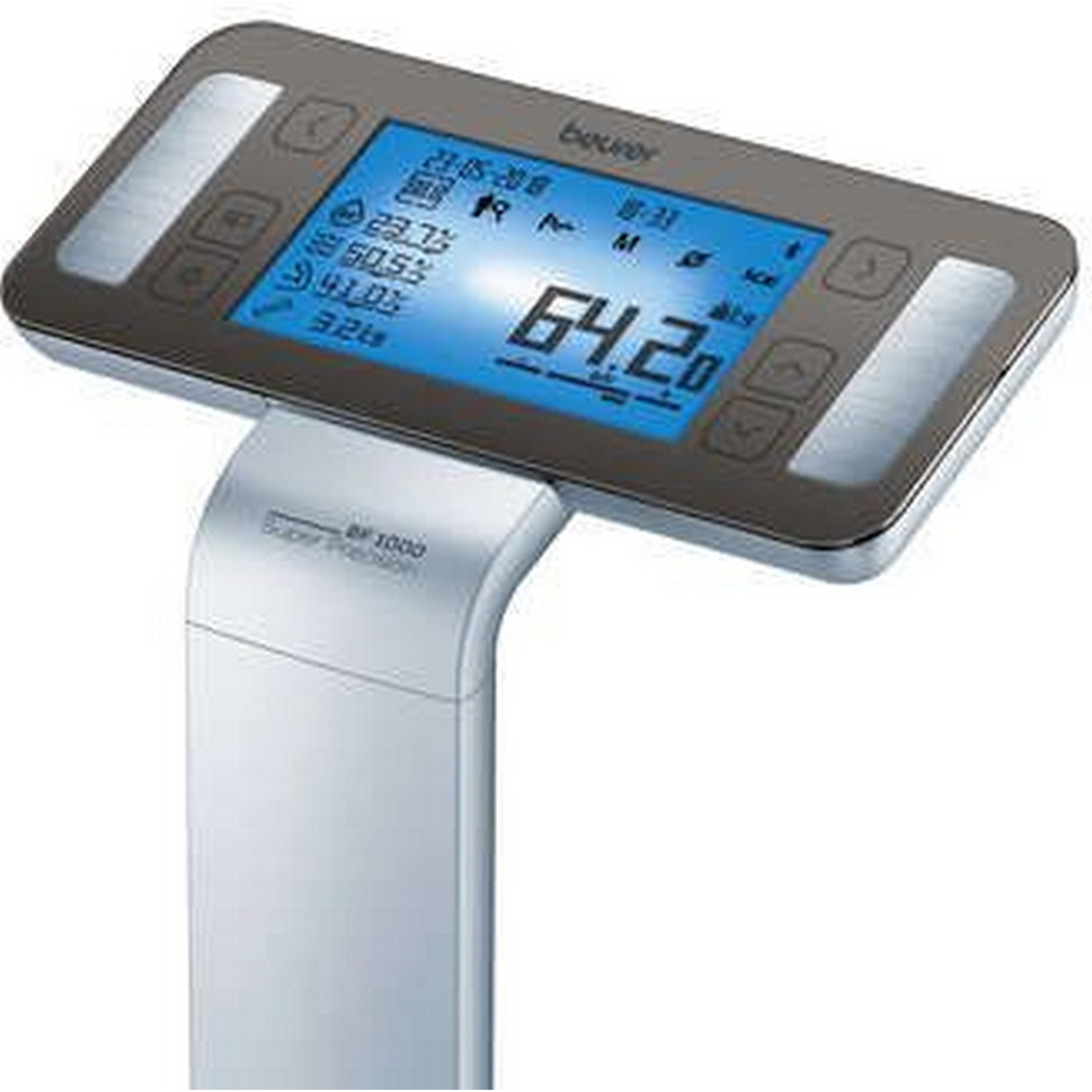 Una báscula de baño digital que muestra el peso y otras métricas. Es gris y tiene una pantalla azul.