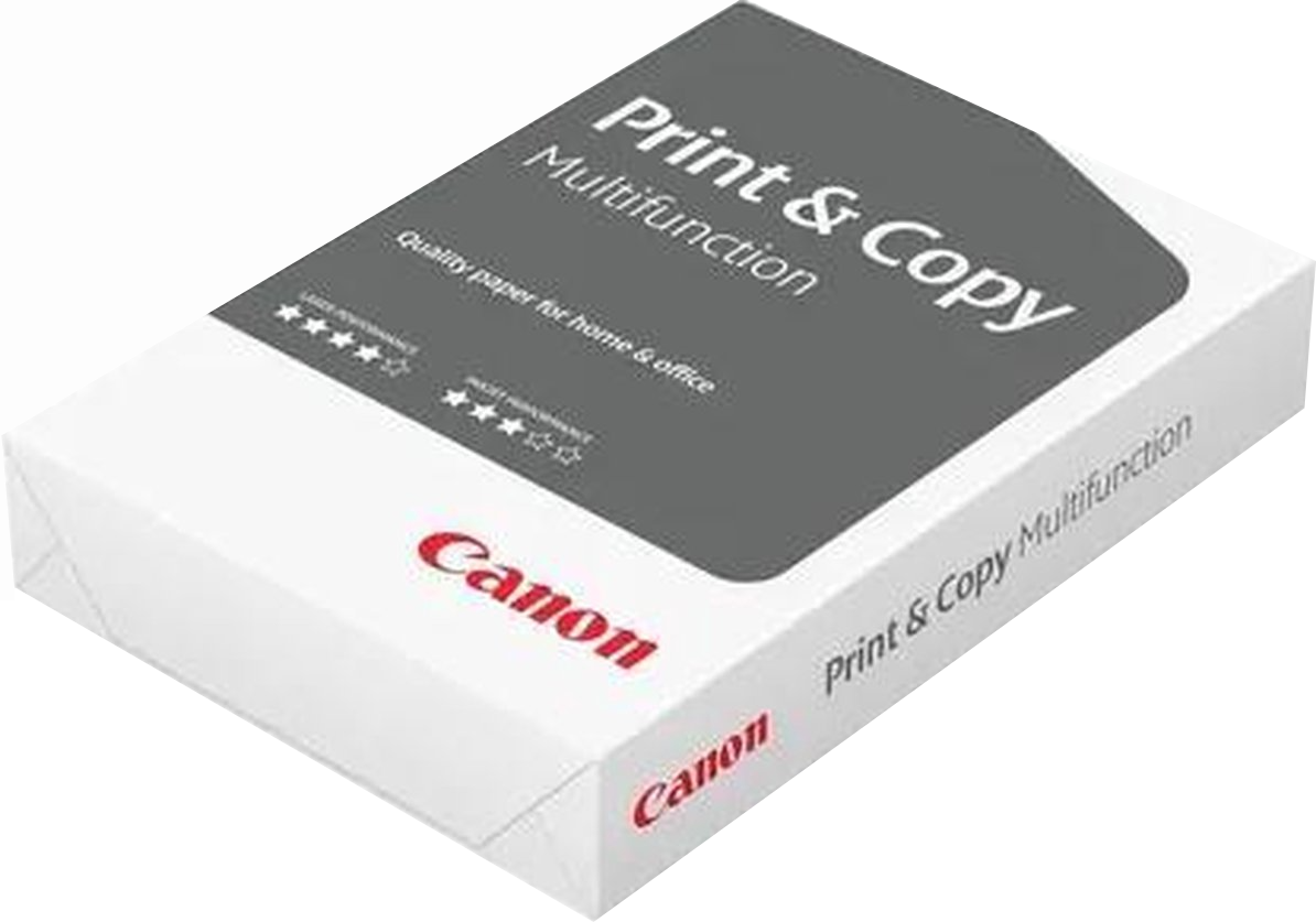 Doos Canon Print & Copy papier, wit met grijze bovenkant, rood Canon logo.