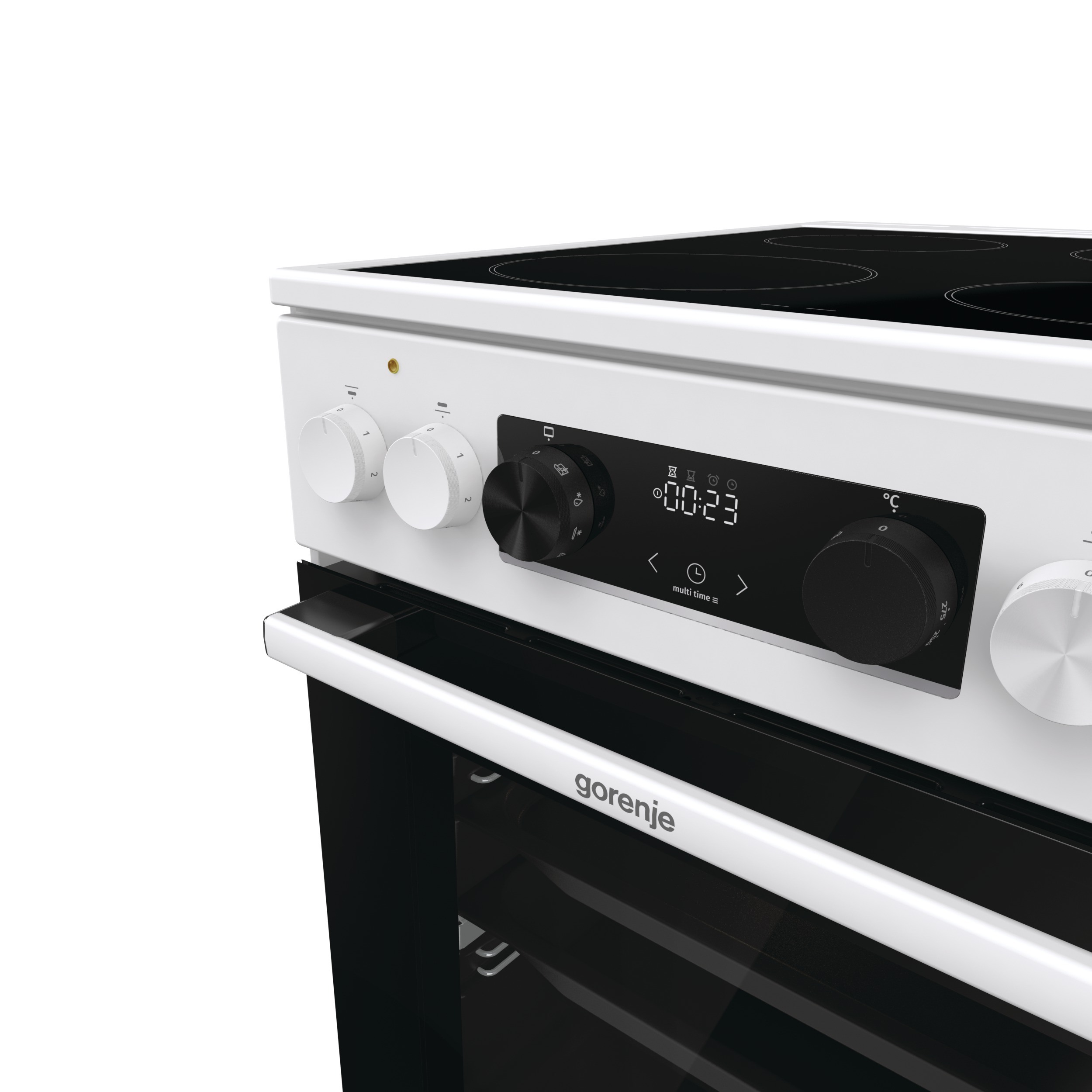 Egy fehér és fekete Gorenje sütő vezérlőpanelje, digitális kijelzővel és vezérlőgombokkal.