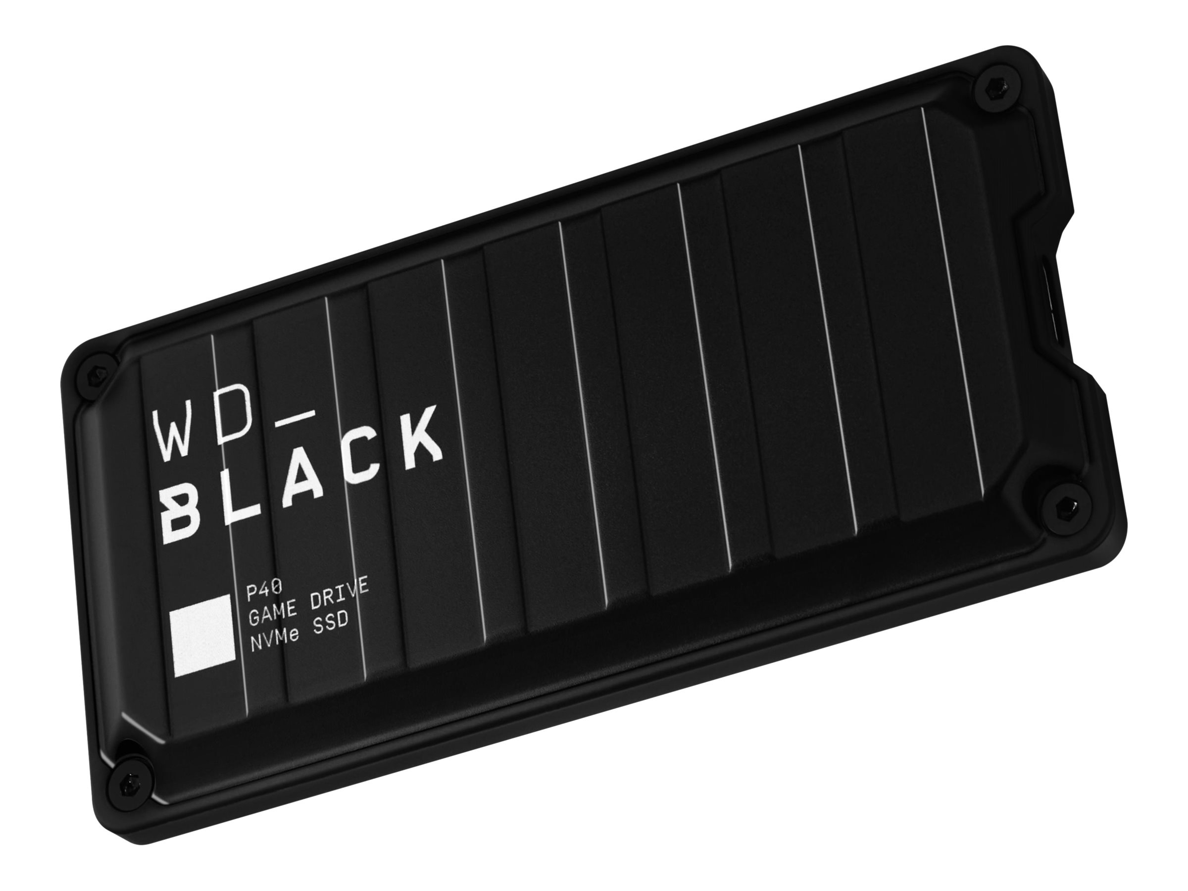 Schwarze WD_BLACK P40 Game Drive SSD. Die Festplatte hat ein robustes Design und das Logo ist sichtbar.