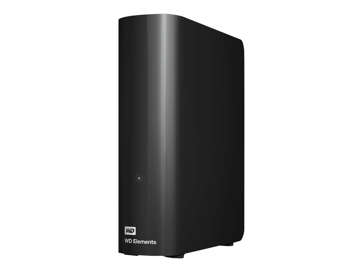 Schwarze externe Festplatte WD Elements. Das WD-Logo und Elements sind sichtbar.