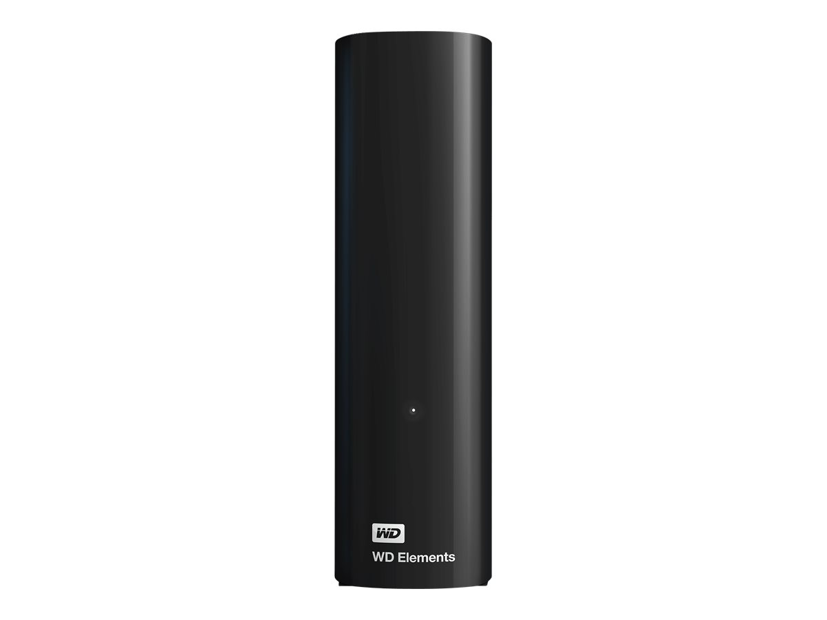 Eine schwarze externe Festplatte mit der Aufschrift 'WD Elements' und dem WD-Logo auf weißem Hintergrund.