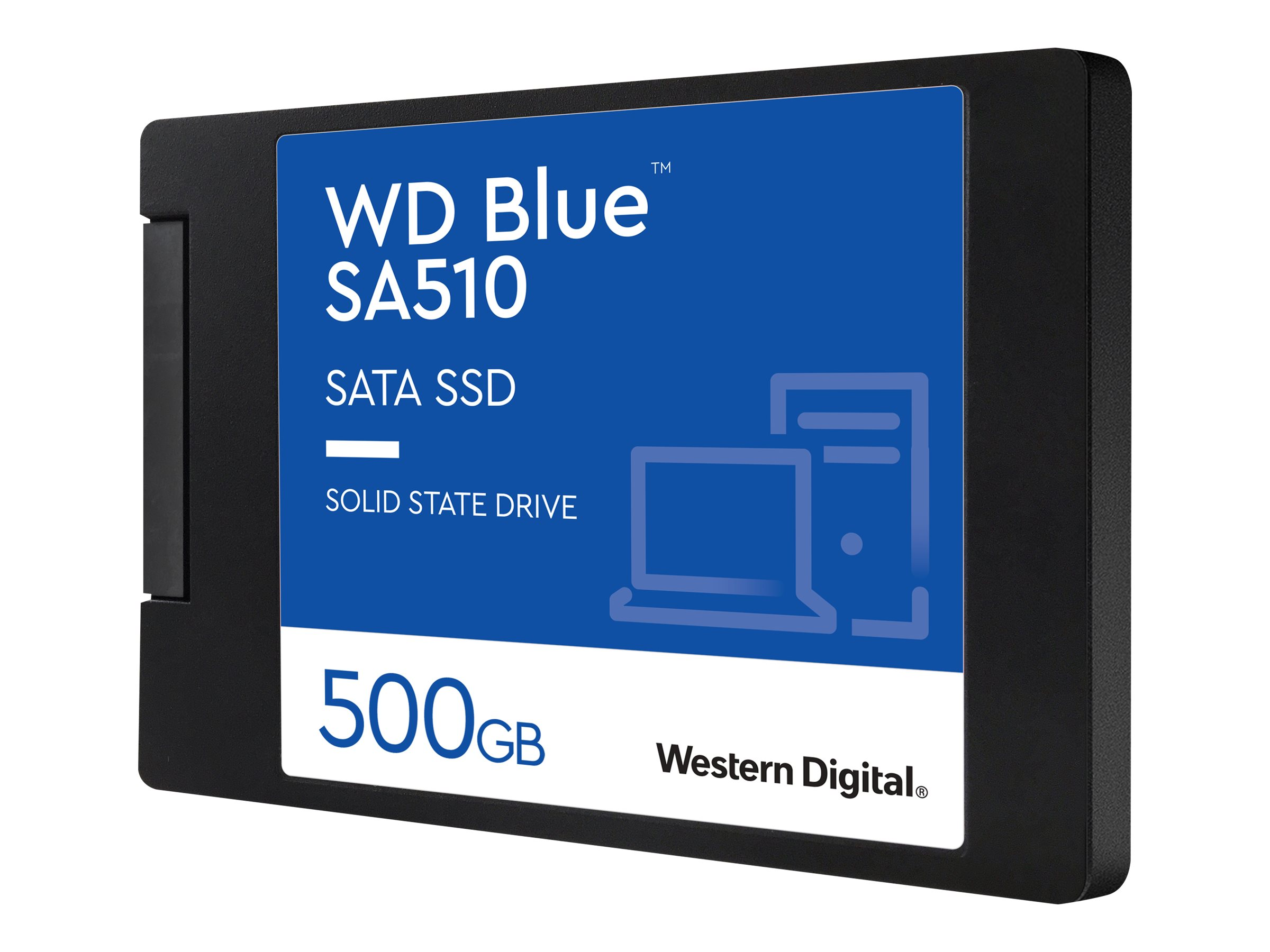 Schwarze WD Blue SA510 SATA SSD mit blauem Etikett.
