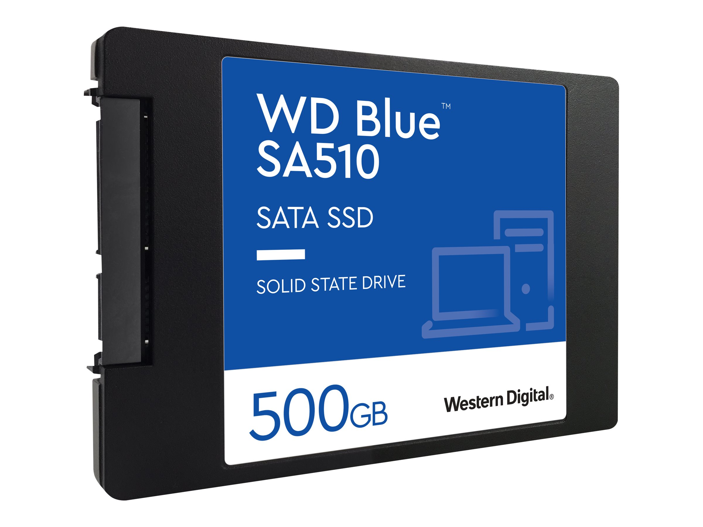 Eine schwarze WD Blue SA510 SATA SSD Solid-State-Festplatte mit weißem Etikett und Text.