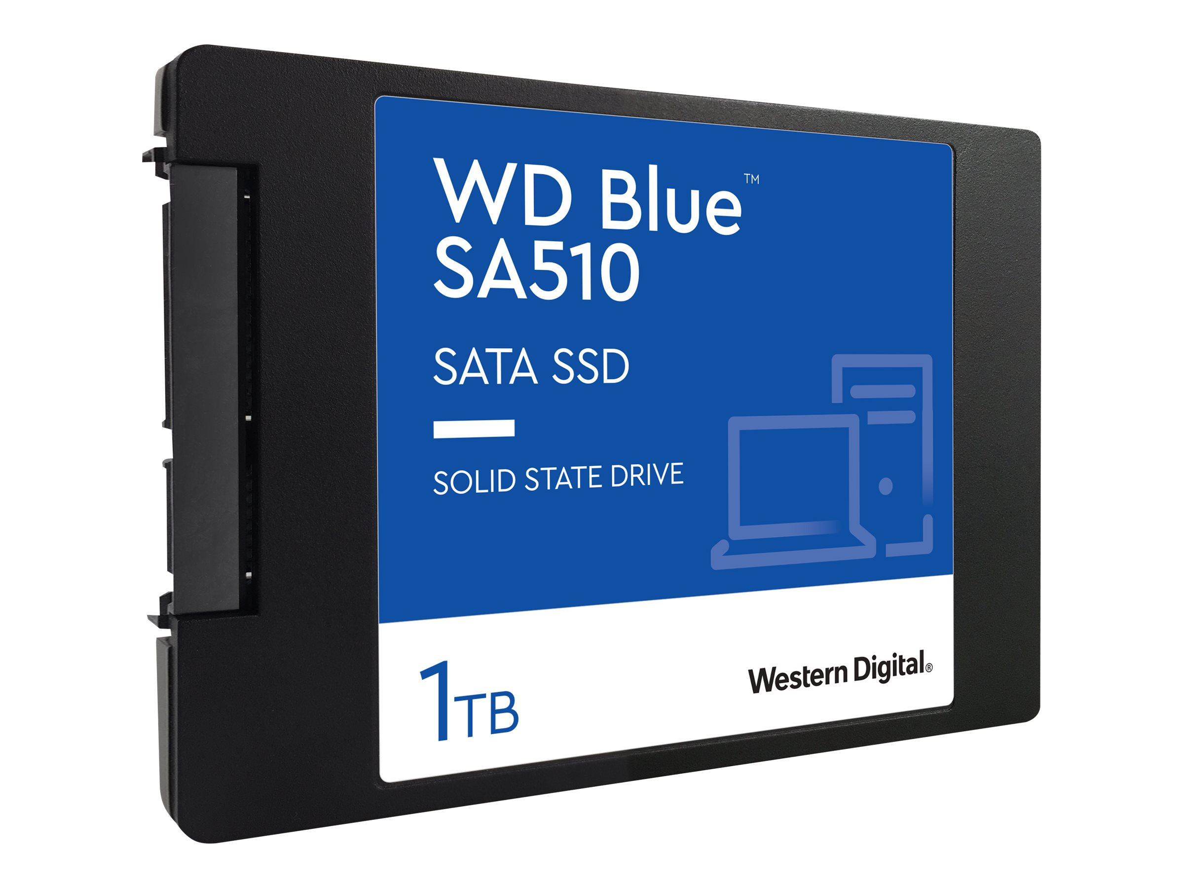 Schwarze 1TB WD Blue SA510 SATA SSD mit blauem Etikett.