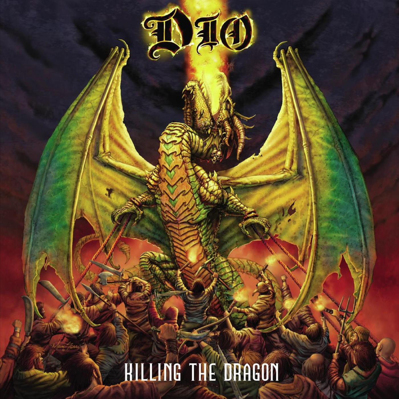 Dio 'Killing the Dragon' album borítója, sárkánnyal és tömeggel.