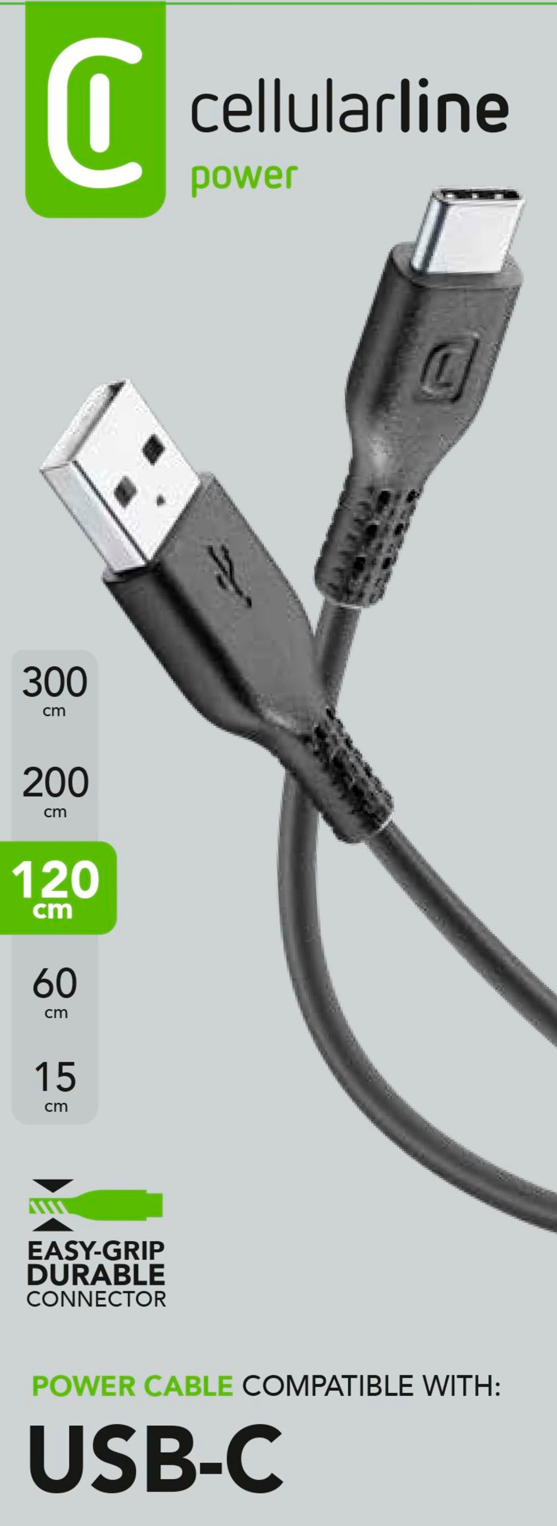 Schwarzes USB-C-Stromkabel mit Längenangaben. Die Marke ist Cellularline.