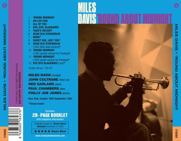 Albumcover für 'Round About Midnight' von Miles Davis. Zeigt einen Mann, der Trompete spielt.