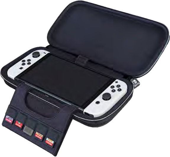 Eine Nintendo Switch-Konsole in einem schwarzen Etui mit Spielkassetten.