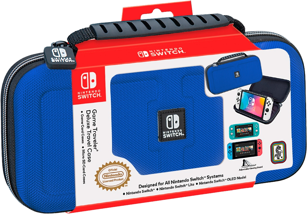 Eine blaue Nintendo Switch Reisetasche mit rotem Deckel und Details.