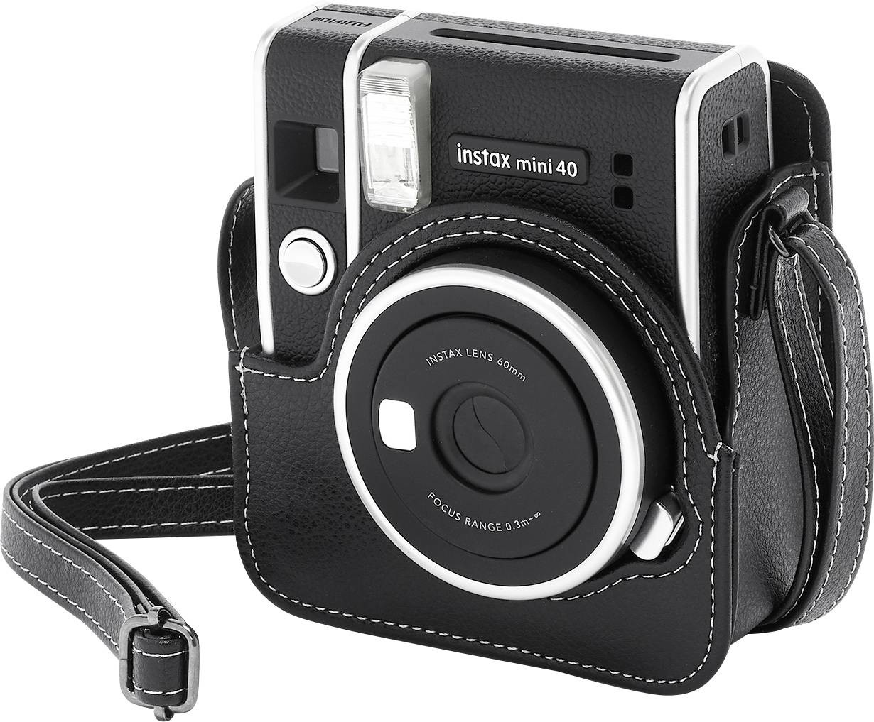 Black Instax Mini 40 camera in a black leather case with strap.