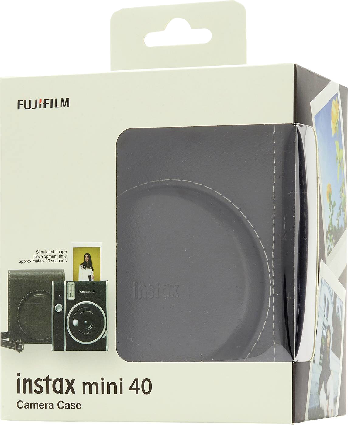 Instax Mini 40 camera case. Black case with Instax logo, camera image and product details in white box.