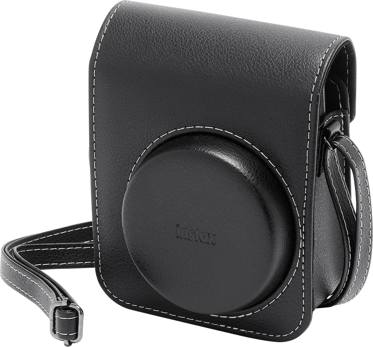 A black leather camera case with a strap. The case has instax on it.