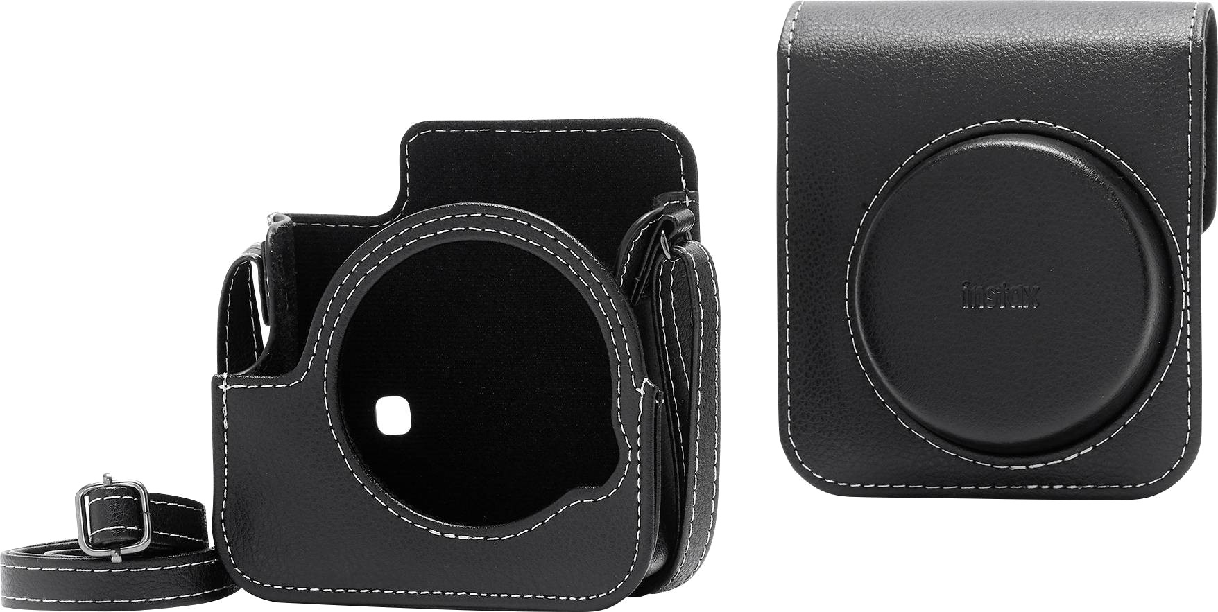A black Instax camera case with a white stitch and strap. The case is open.