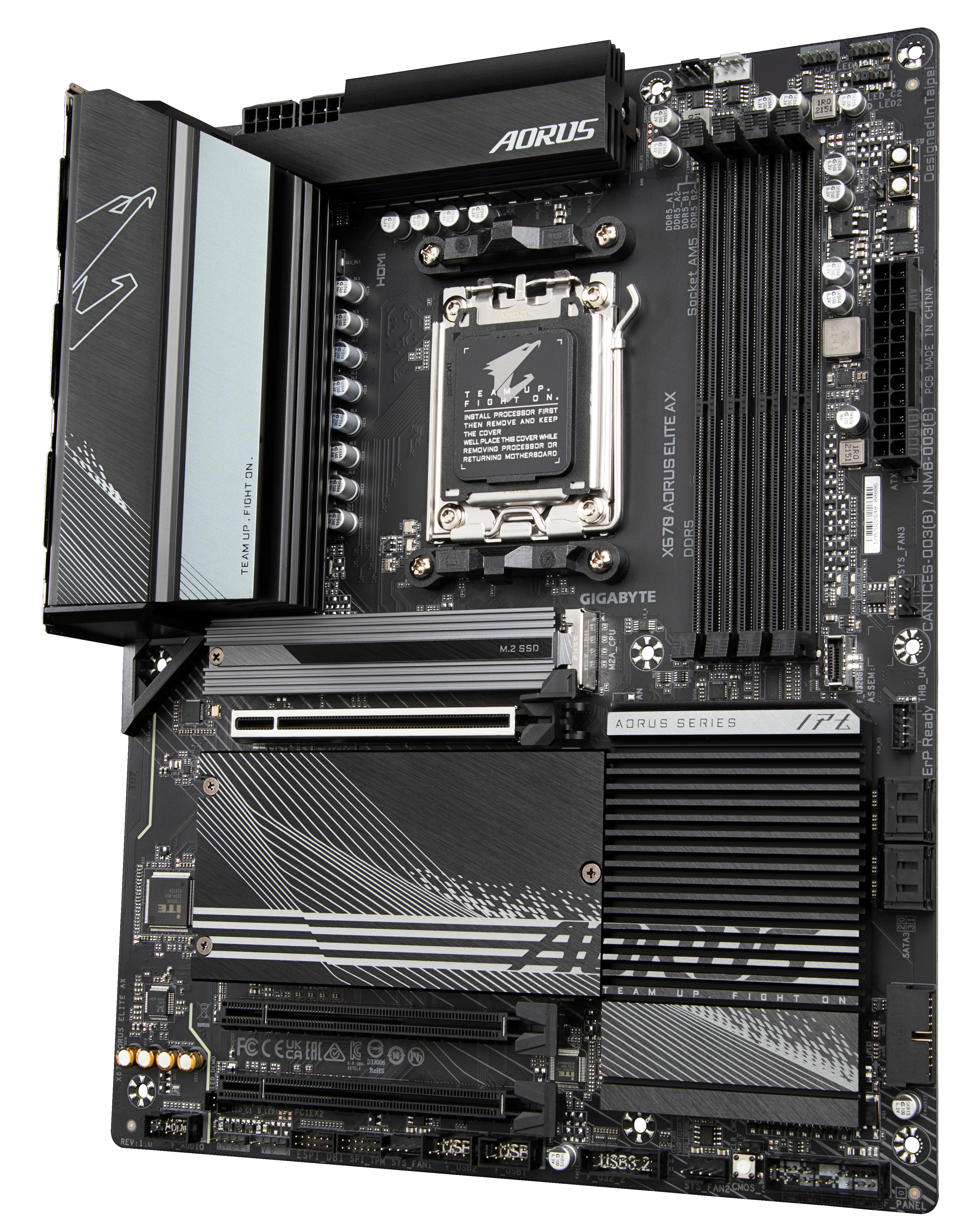 Ein Computer-Motherboard mit verschiedenen Komponenten, Schwarz-Silber-Farbschema.