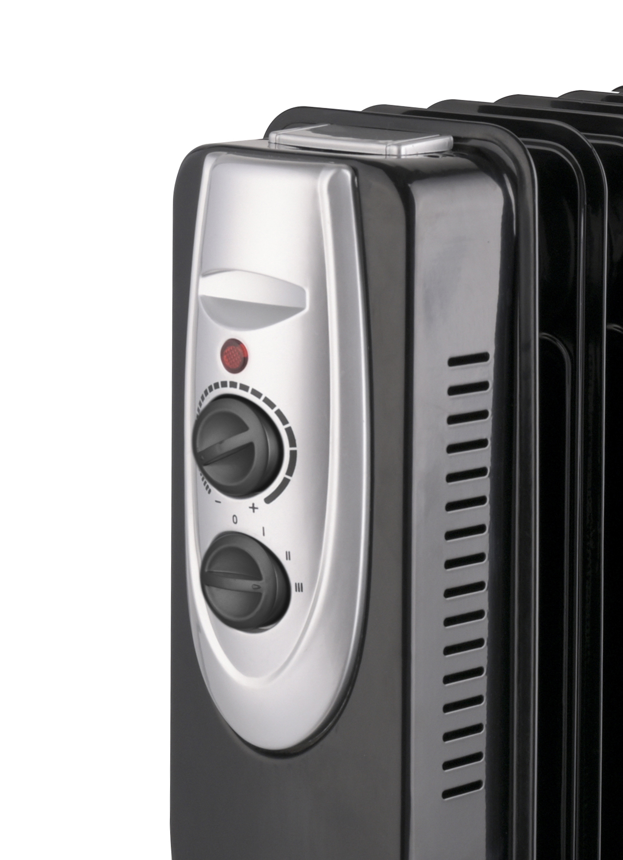 Schwarzer, ölgefüllter Heizkörper mit Bedienknöpfen und Kontrollleuchten.