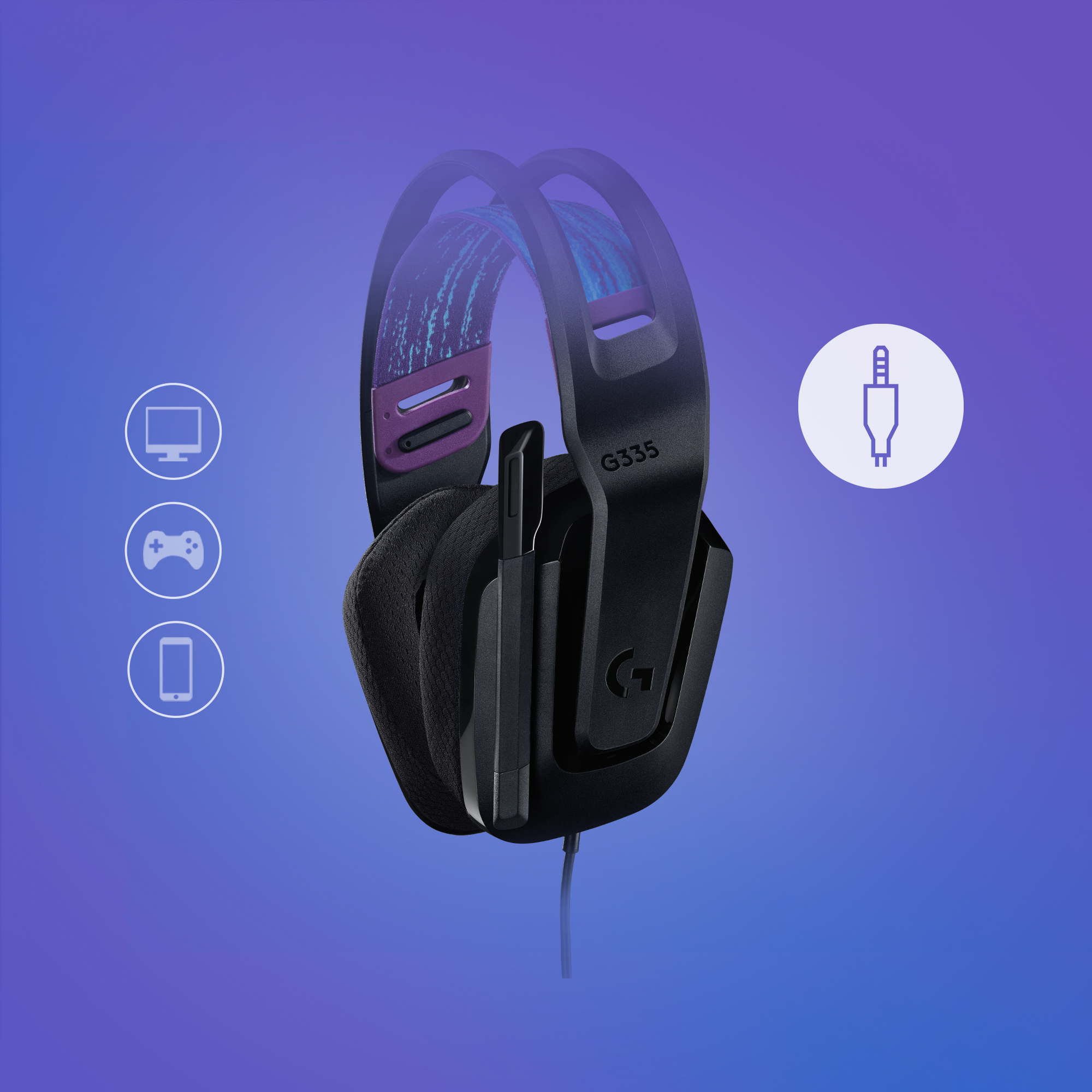 Cuffie da gaming nere con microfono, design della fascia viola e blu e icona jack da 3,5 mm.