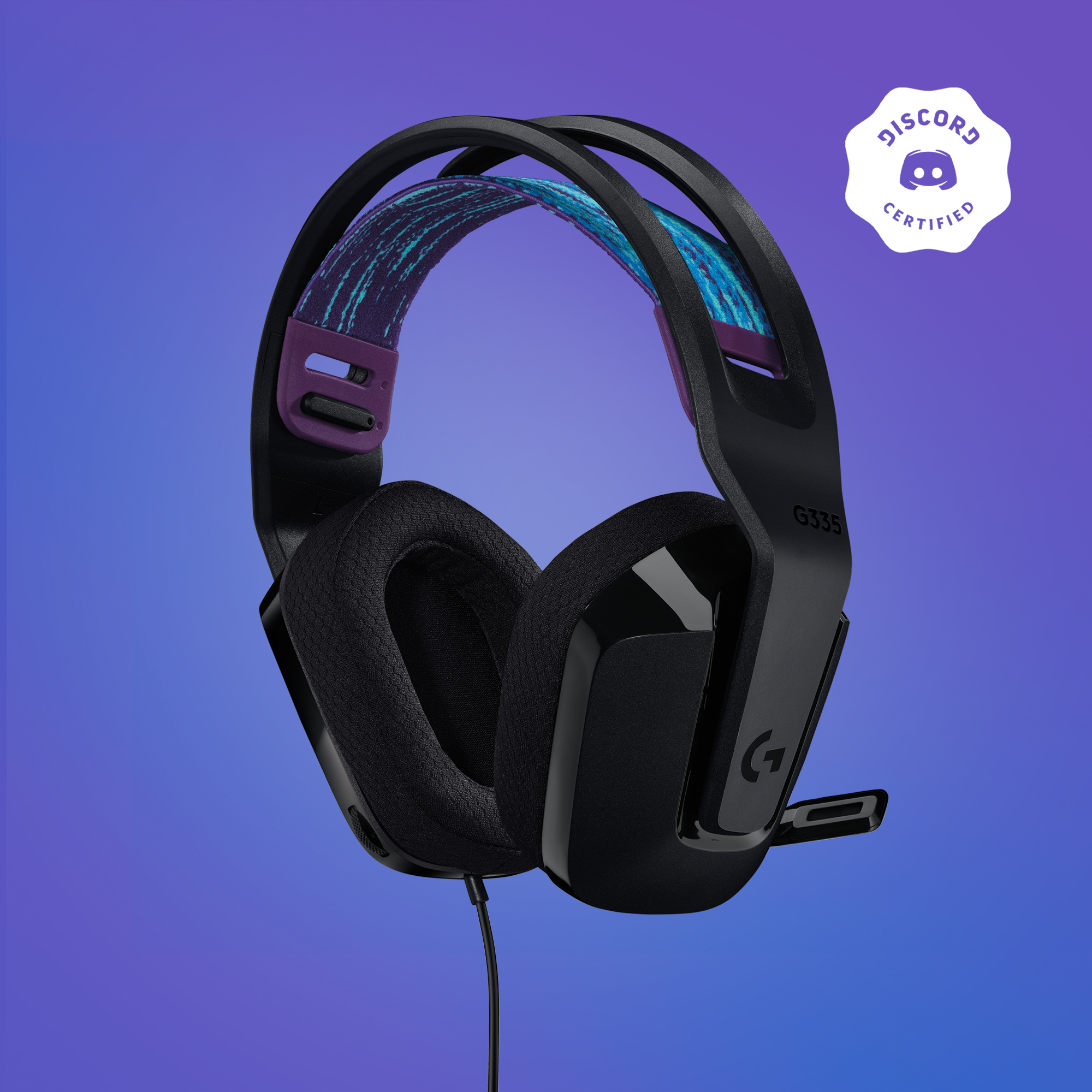 Cuffie G335 nere e blu con microfono. La parte superiore ha una fascia a fantasia blu e viola.