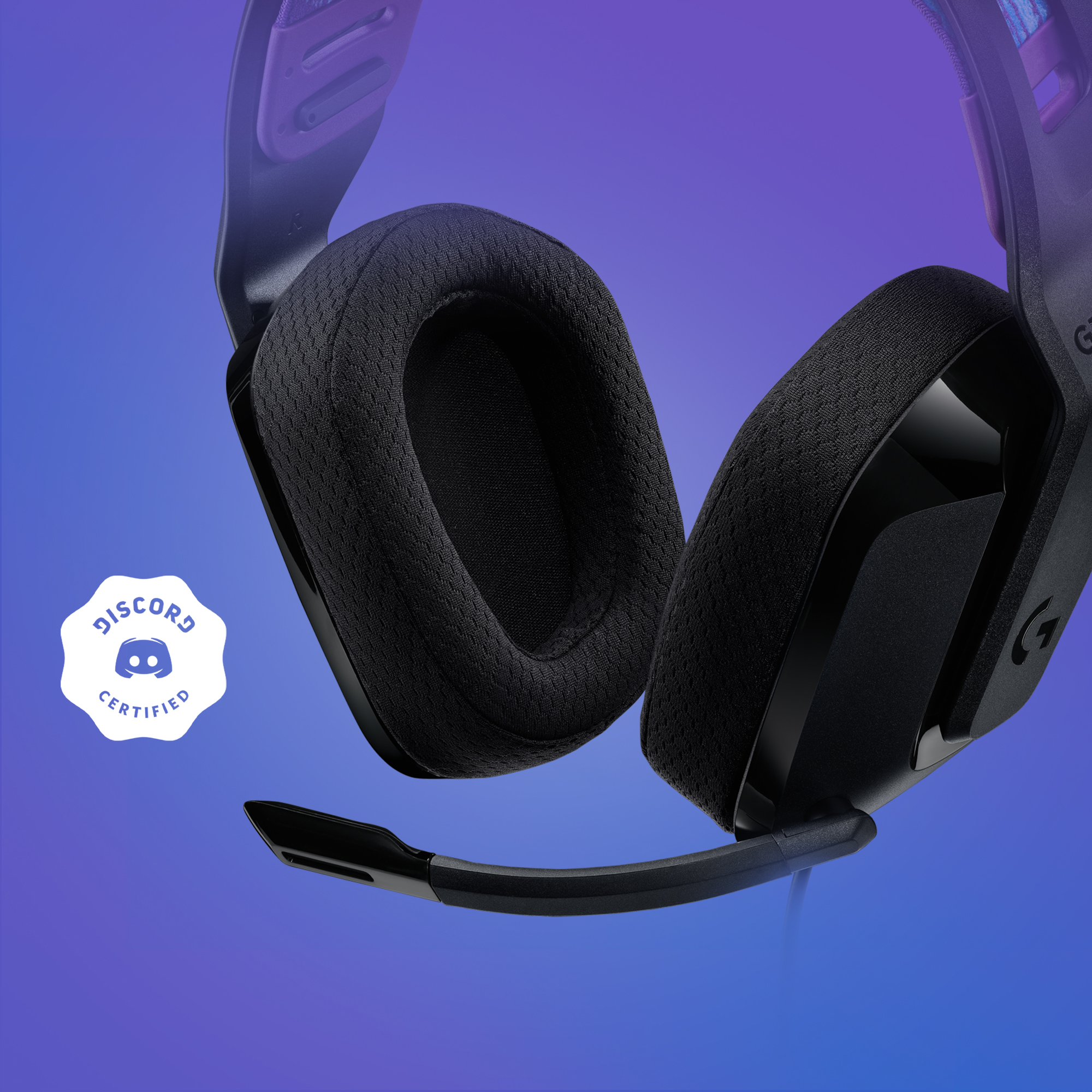 Cuffie da gioco nere con padiglioni auricolari e microfono. Logo certificato Discord.