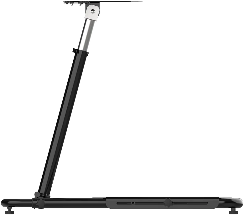 Ein schwarzer und silberner Gaming-Stuhl-Ständer mit langem Sockel und verstellbarem Arm.