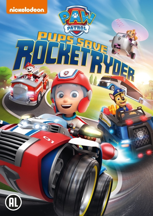 Couverture du film PAW Patrol avec des personnages dans des véhicules, avec un arrière-plan sur le thème des fusées.
