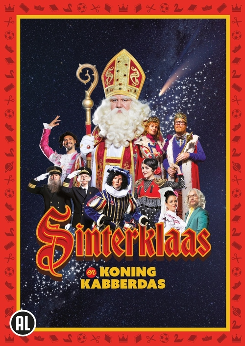 Filmposter met meerdere mensen, waaronder een man in een Sinterklaas-pak. Titel is 'Sinterklaas en Koning Kabberdas'.
