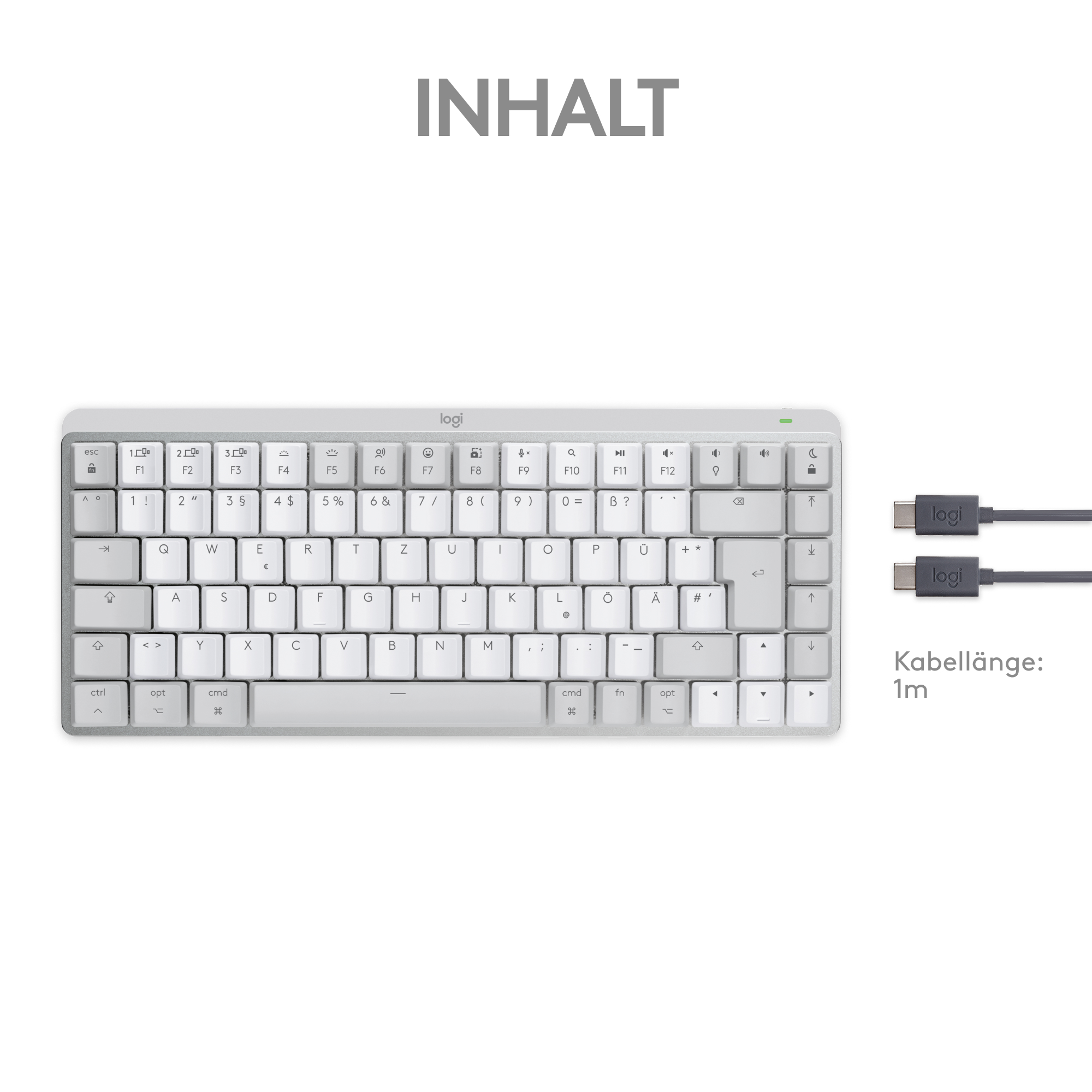 Weiße Tastatur mit grauen Tasten und zwei Kabeln rechts, mit INHALT-Text.