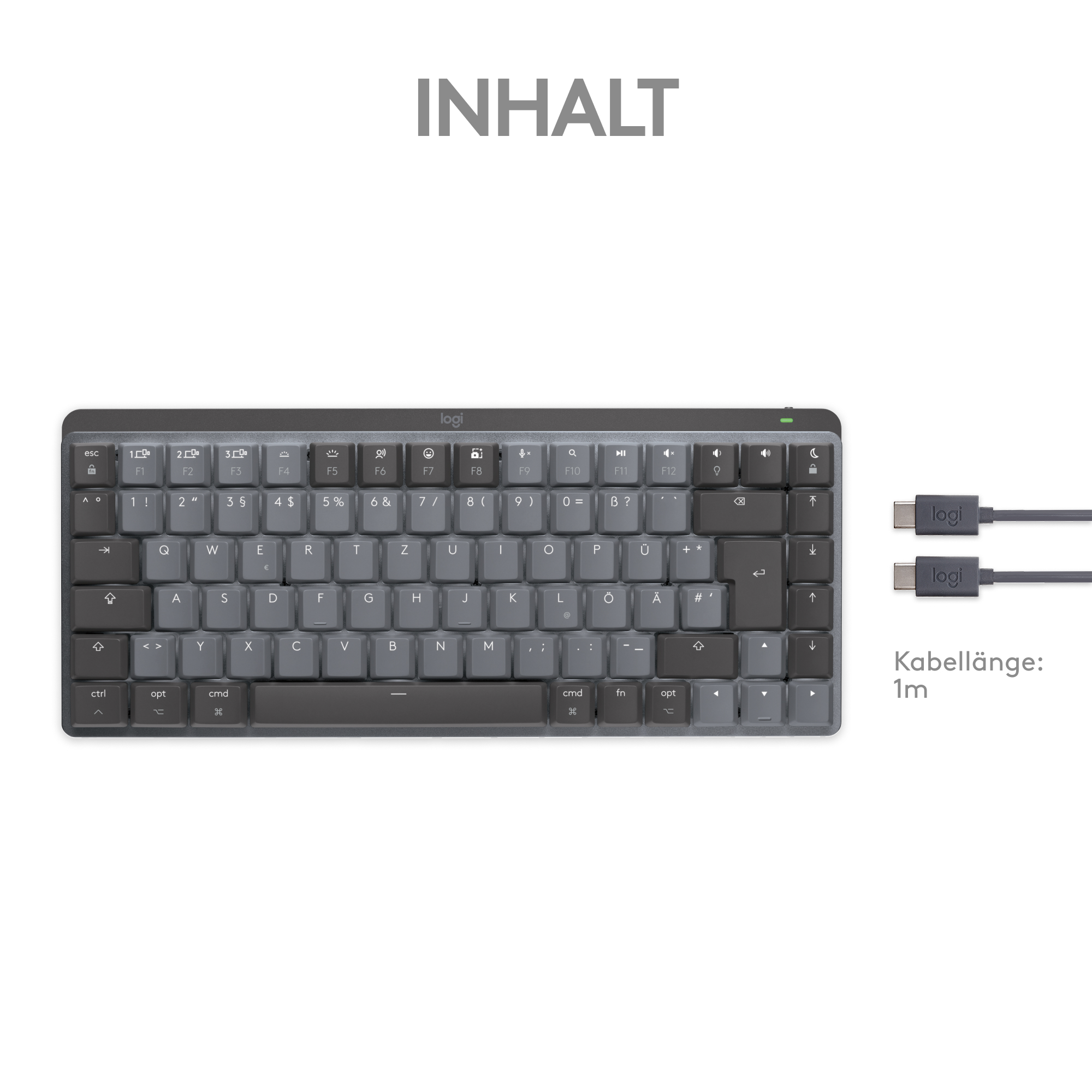 Schwarze und graue Tastatur mit weißen Tasten. Zwei schwarze Kabel sind rechts.