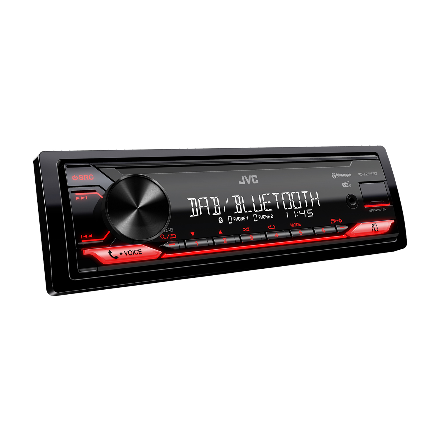 Un'autoradio nera con accenti rossi e un display che mostra DAB/Bluetooth e l'ora 11:45.