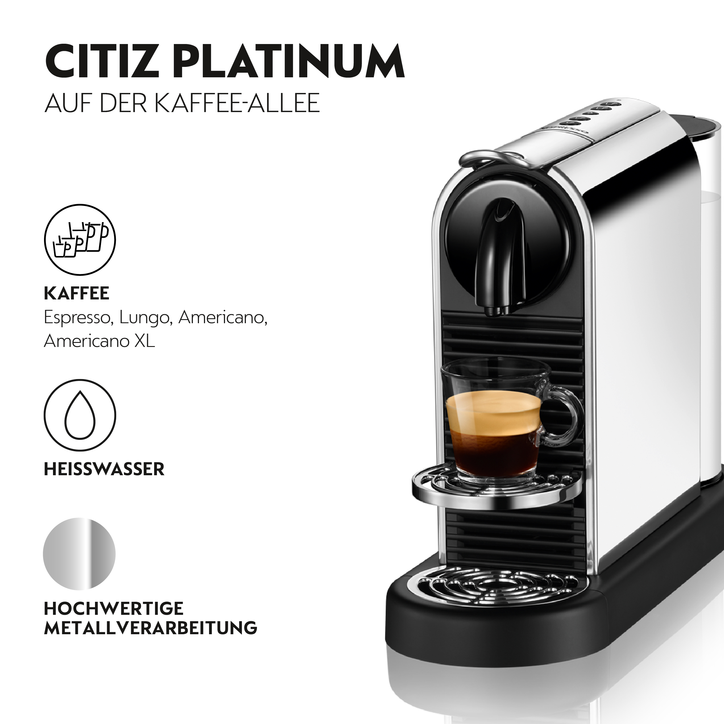 Eine silberne und schwarze Kaffeemaschine mit einem Glas Kaffee. Text enthält 'CITIZ PLATINUM' und 'KAFFEE'.