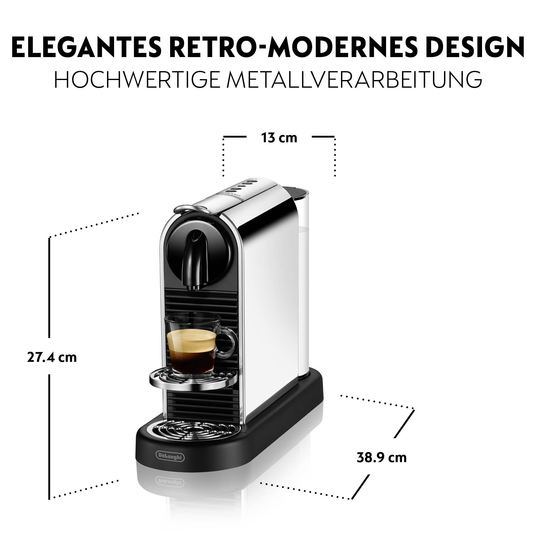 Eine silberne und schwarze Espressomaschine mit einem Glas Kaffee. Abmessungen sind angegeben. Text oben.