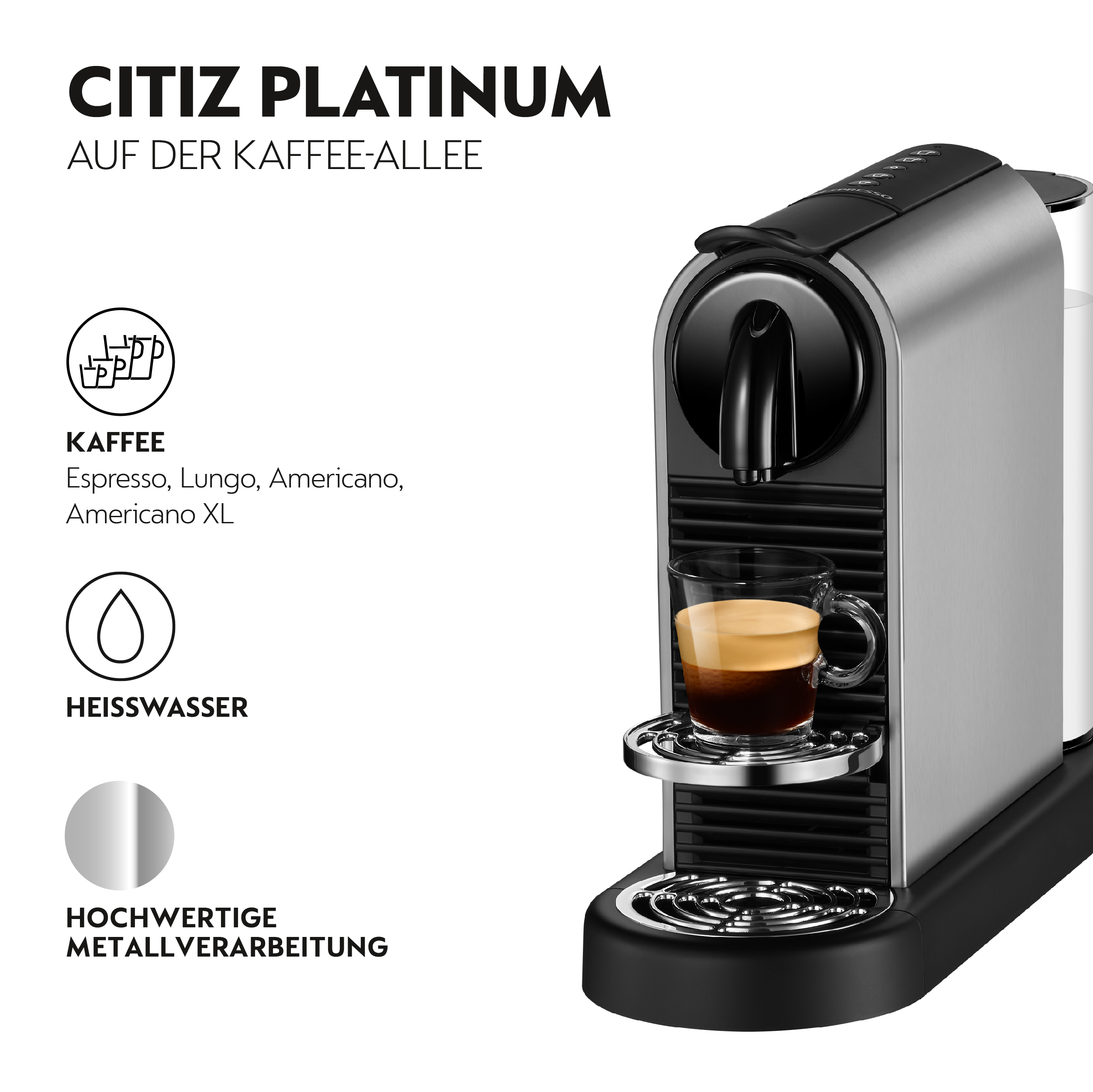 Eine silberne und schwarze Nespresso Citiz Platinum Kaffeemaschine mit einem Espresso-Glas.