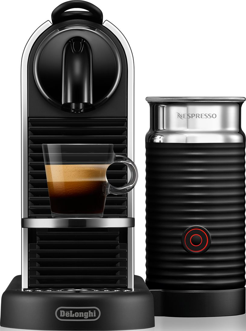 Macchina Nespresso nera e argento con tazza di caffè e montalatte.