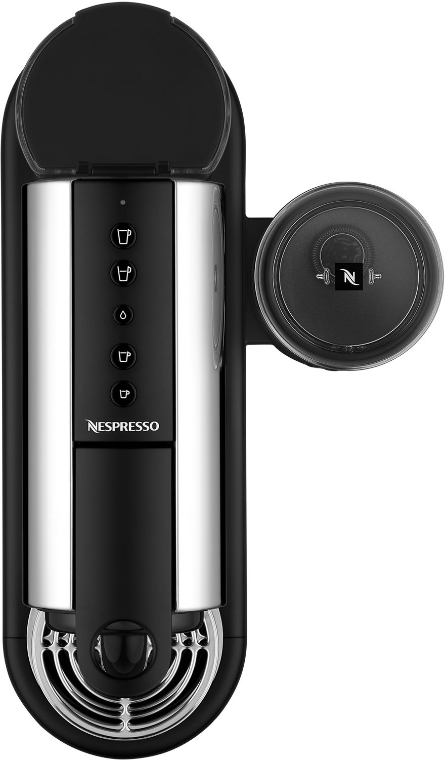 Macchina Nespresso nera e argento, con serbatoio dell'acqua a destra.