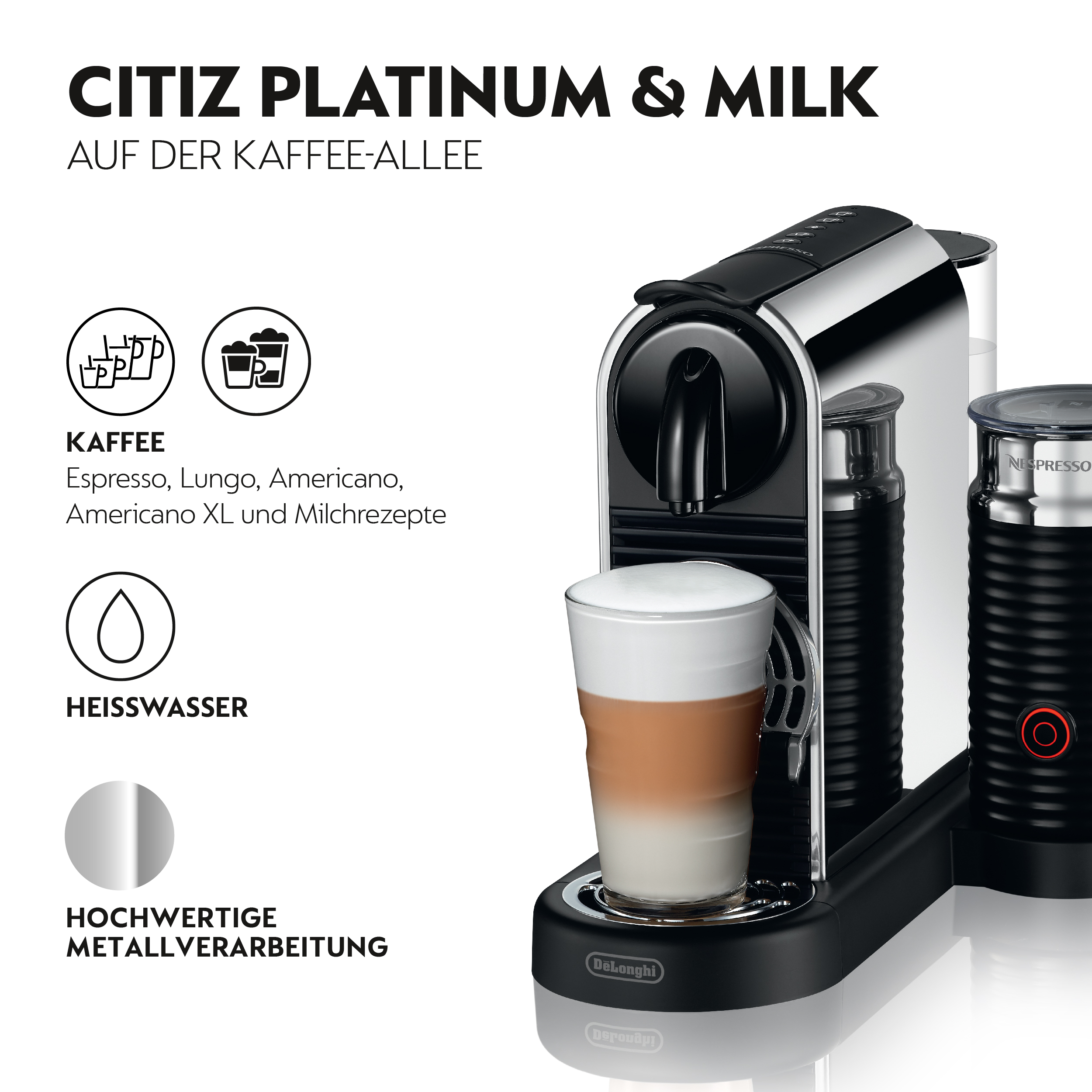 Macchina da caffè con montalatte, caffè in un bicchiere e varie icone.