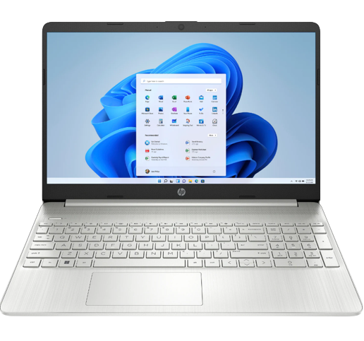 Un portátil HP plateado abierto, mostrando la pantalla de inicio de Windows 11, sobre un fondo claro.