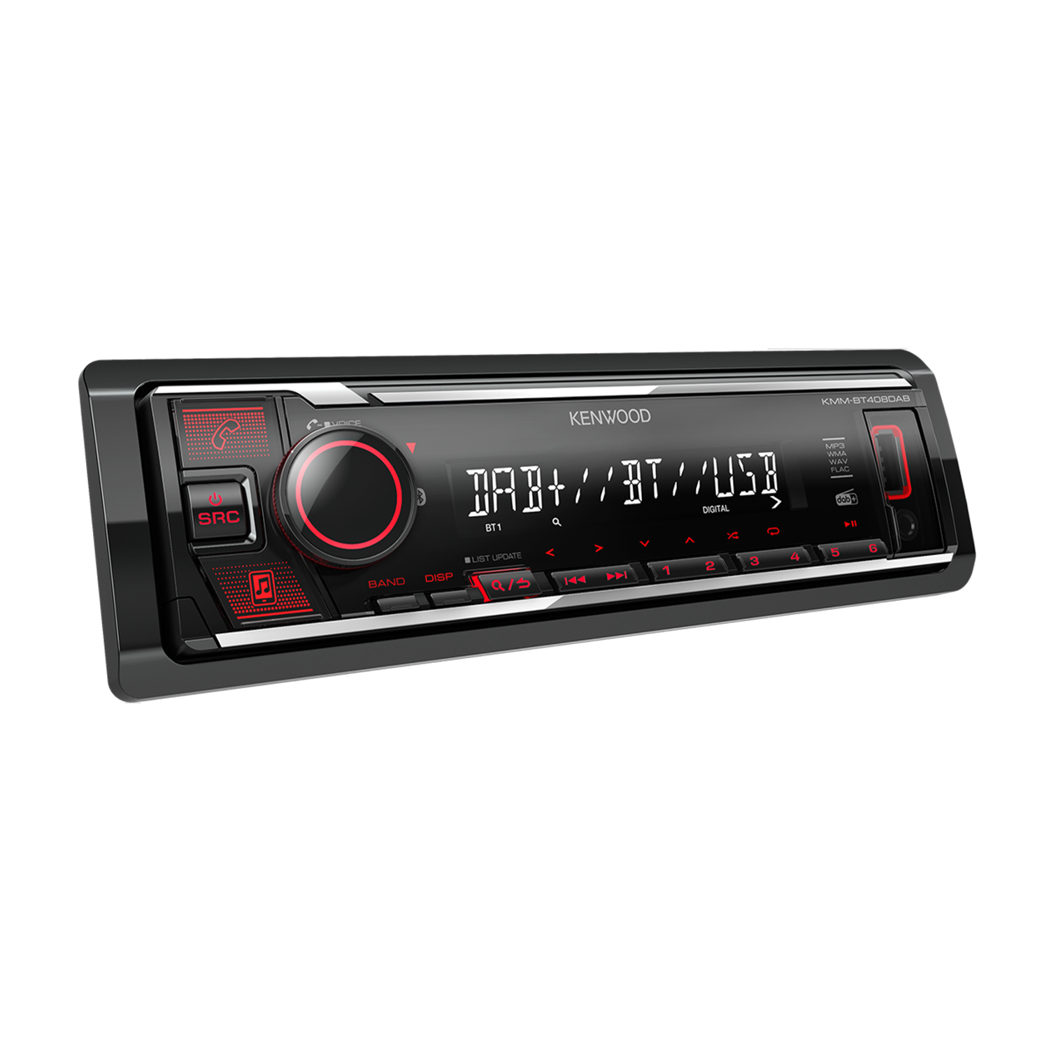 Autoradio Kenwood con frontalino nero e dettagli rossi.