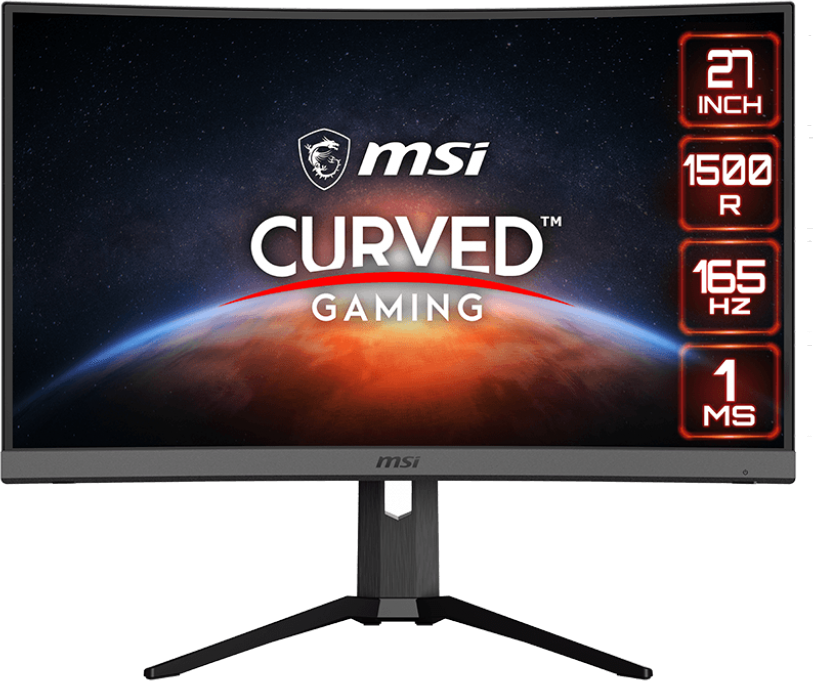 Écran de jeu MSI incurvé. Caractéristiques : 27 pouces, 1500R, 165Hz et 1ms. L'écran affiche une scène spatiale et le logo MSI.