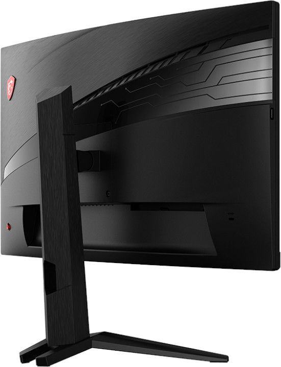 Écran MSI noir incliné. Support en bas. Design incurvé avec logo rouge. Vue arrière, montrant ports et éléments de design.