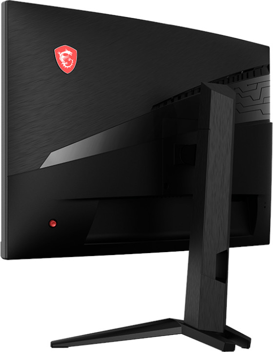 Moniteur MSI noir, vue en angle. Logo dragon rouge au dos. Le support est noir, avec un bouton rouge.