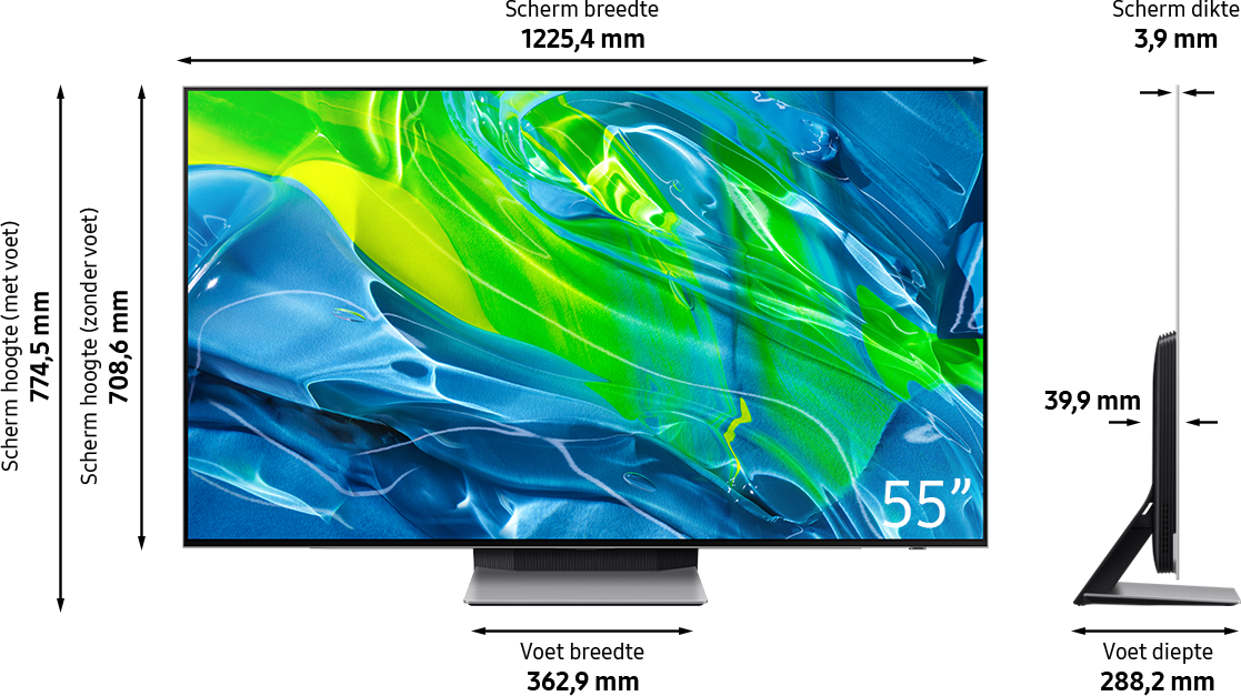 55" tv met abstracte kunst op scherm. Zijaanzicht toont slank profiel. Zilveren voet.