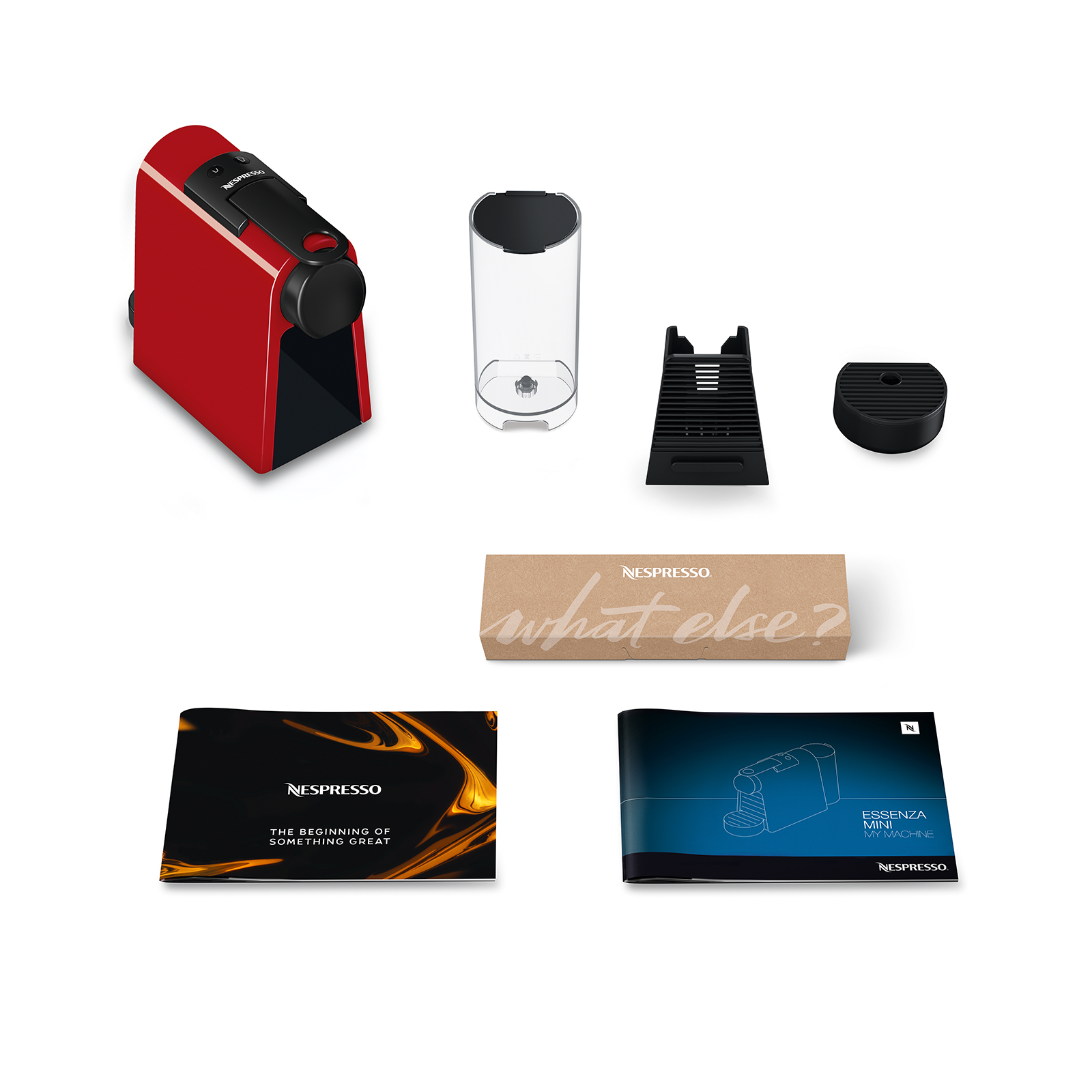 Kırmızı bir Nespresso makinesi ve aksesuarları.