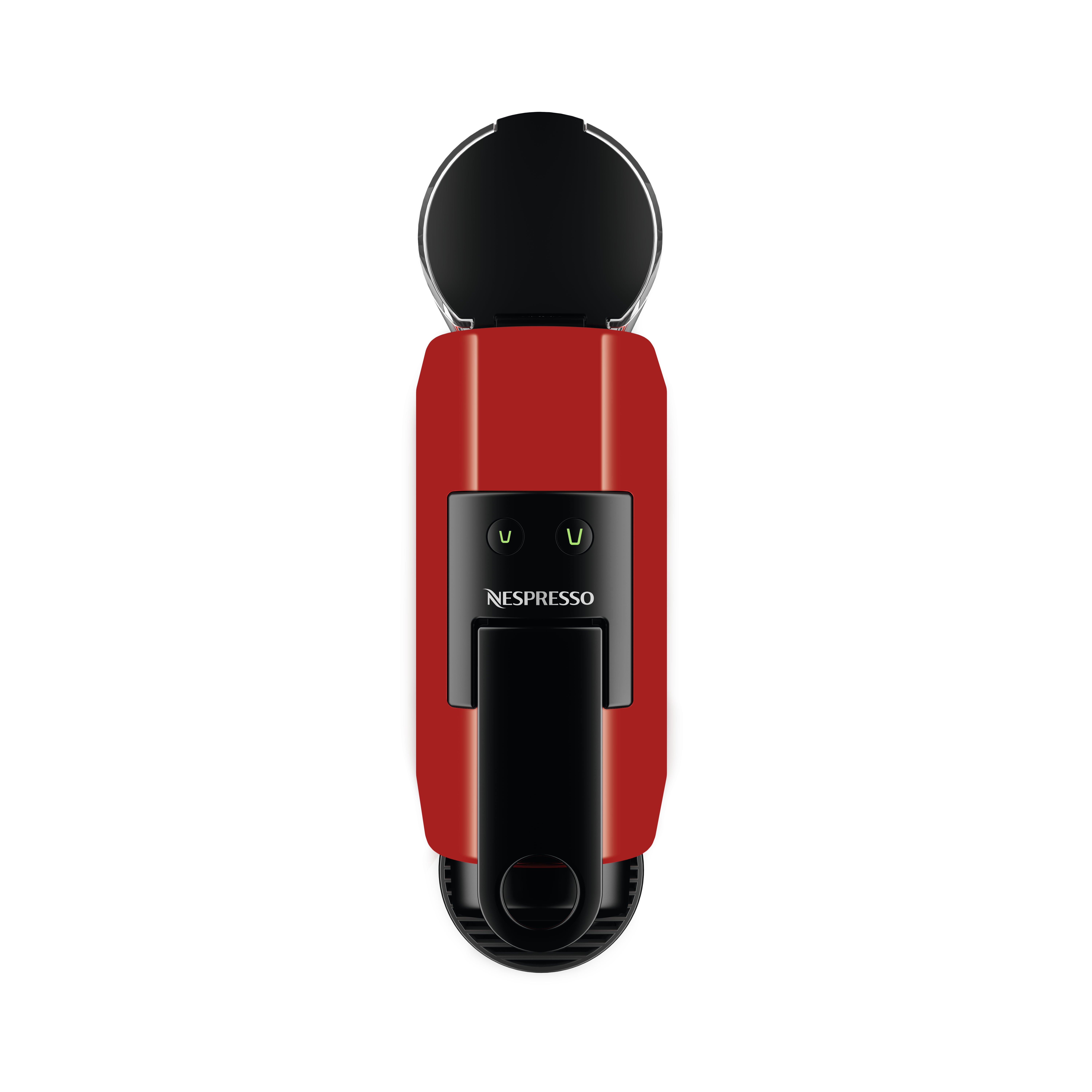 Kırmızı Nespresso kahve makinesi. Nespresso logosu ile siyah üst ve alt kısım.