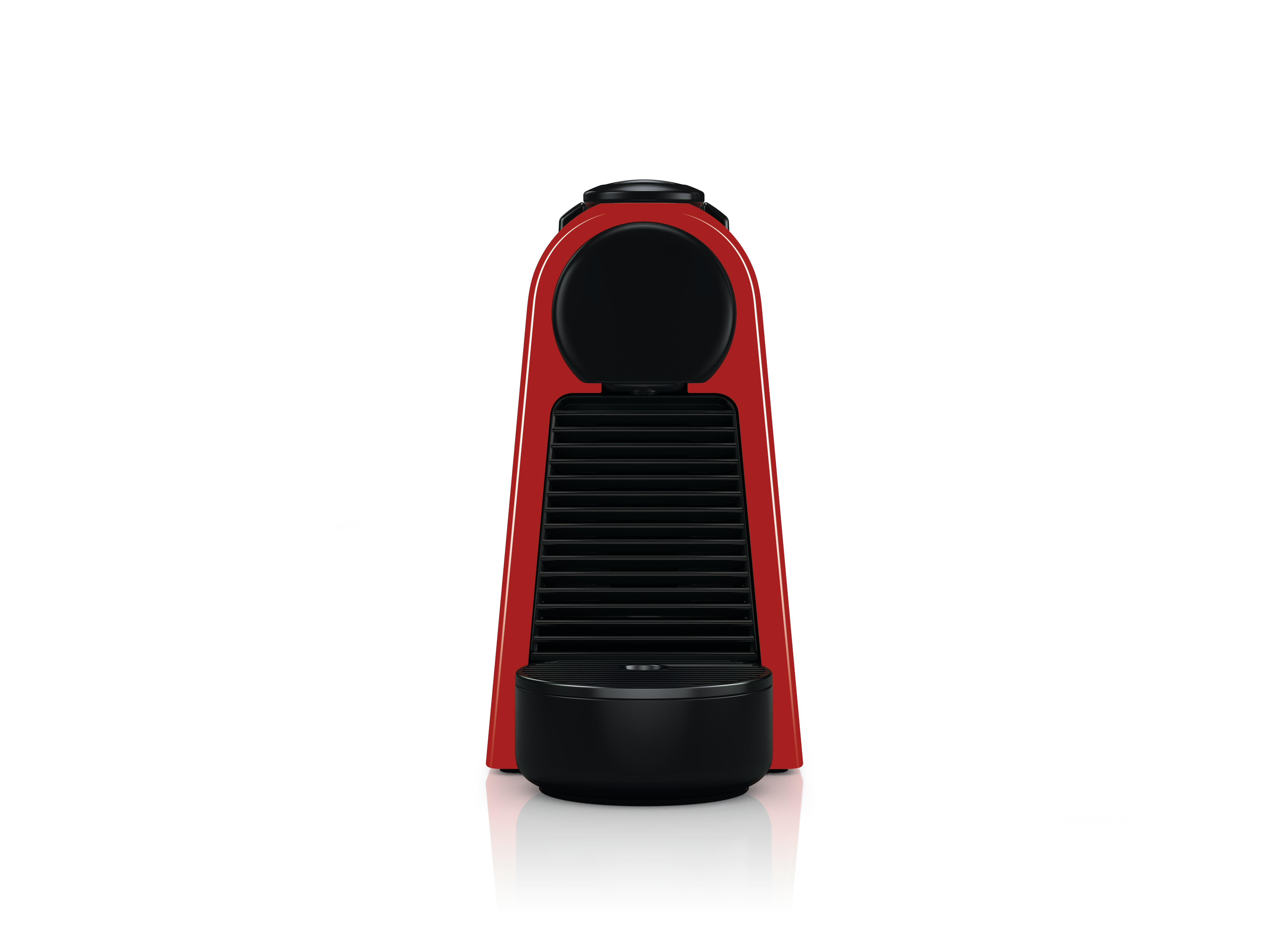 Kırmızı Nespresso kahve makinesi, siyah üst ve taban, siyah arka plana karşı açılı görünüm.
